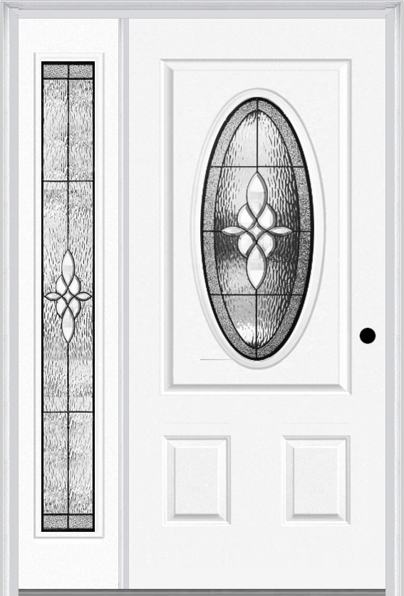 MMI SMALL OVAL 2 PANEL 3'0" X 6'8" FIBERGLASS SMOOTH LUMIERE PATINA EXTERIOR PREHUNG DOOR WITH 1 FULL LITE LUMIERE PATINA DECORATIVE GLASS SIDELIGHT 949